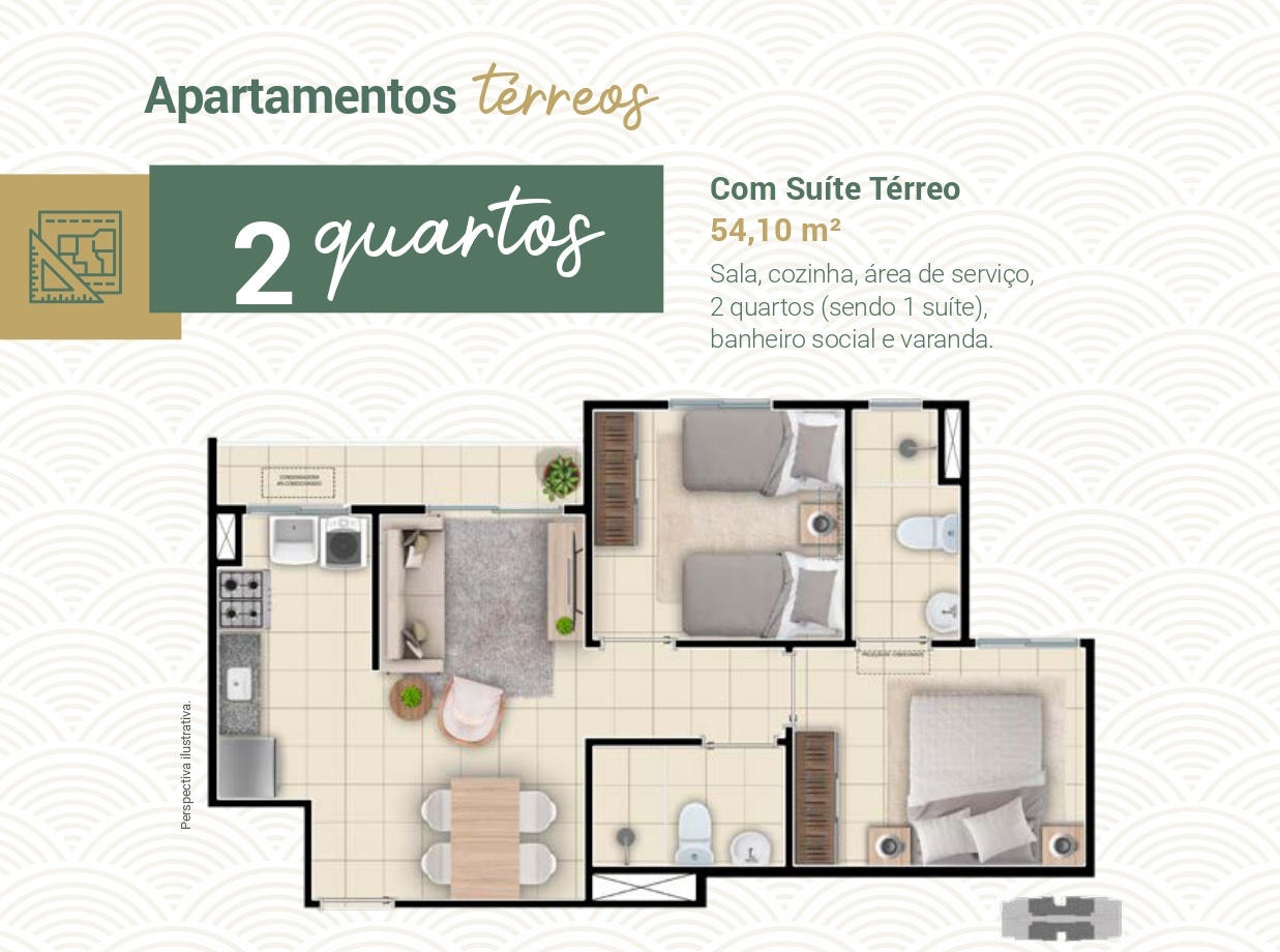 2 quartos com suíte térreo 54 m² - Reserva do Horizonte