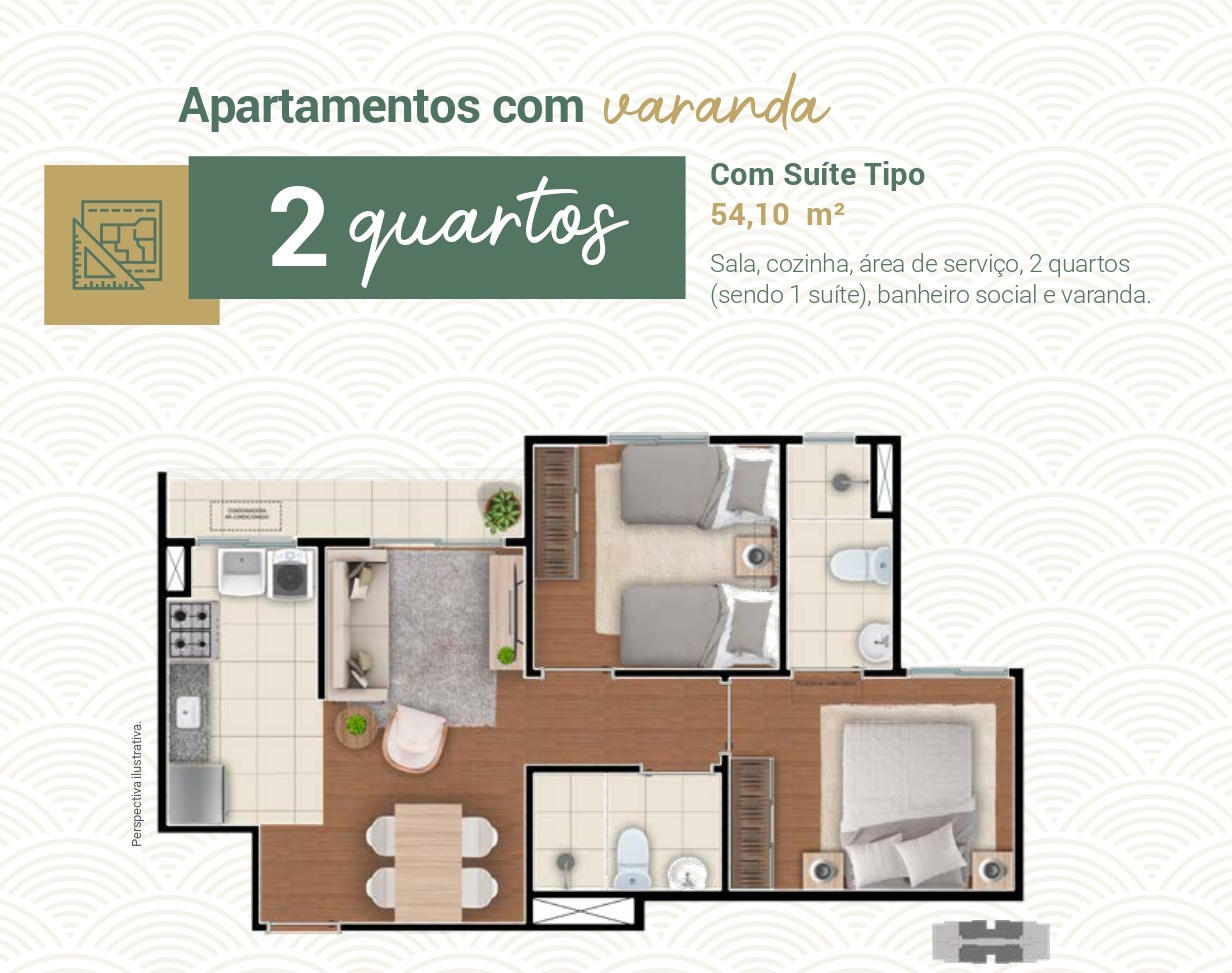 2 quartos com varanda com suíte tipo 54 m² - Reserva do Horizonte