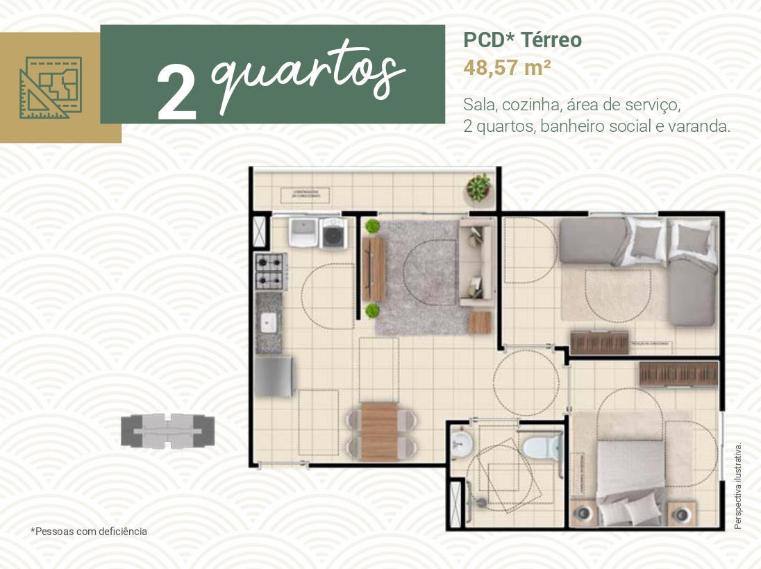 2 quartos PCD térreo 48 m² - Reserva do Horizonte