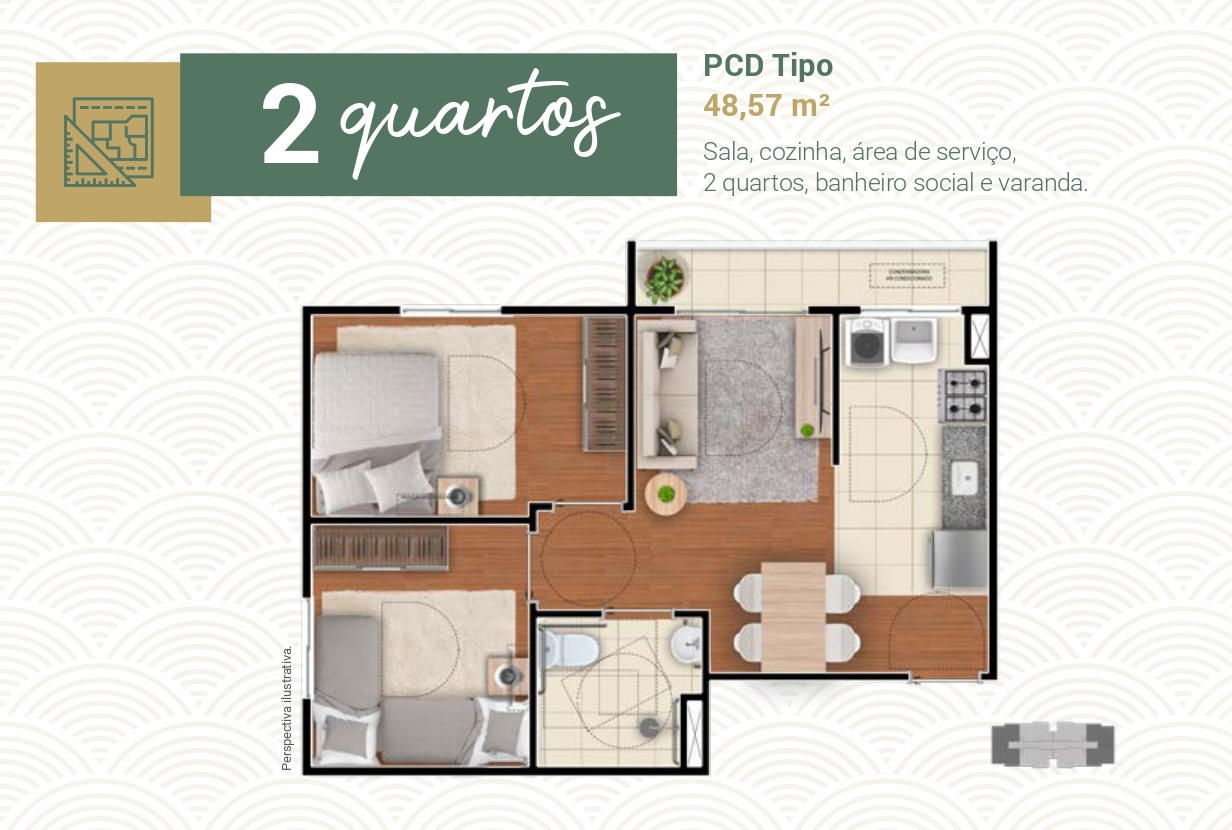 2 quartos PCD tipo 48 m² - Reserva do Horizonte