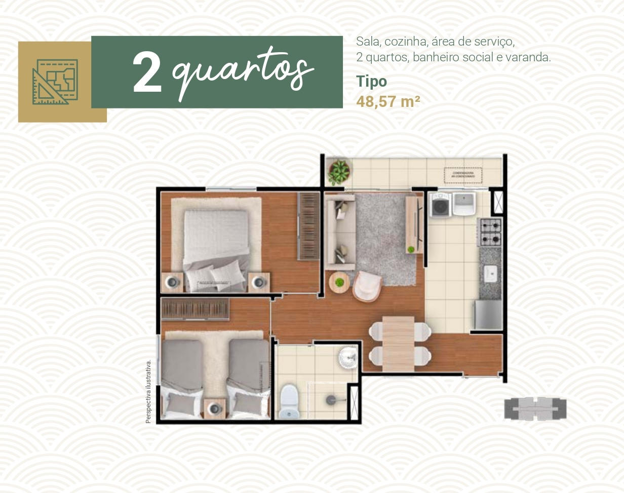 2 quartos tipo 48 m² - Reserva do Horizonte